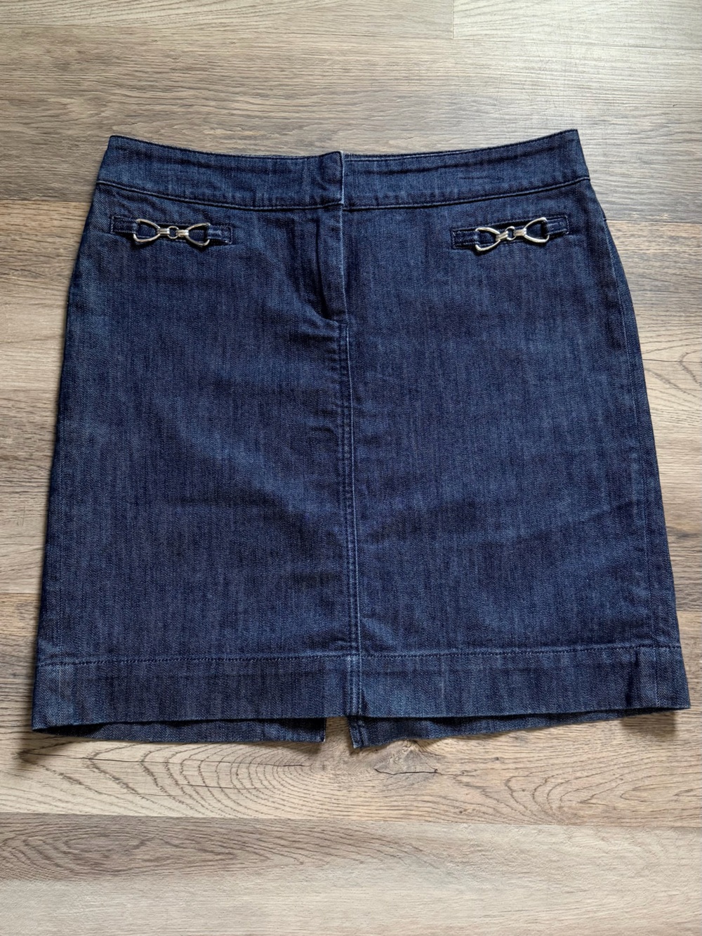 New York & Company Dark Indigo Denim Midi Skirt with Gold-Tone Accents